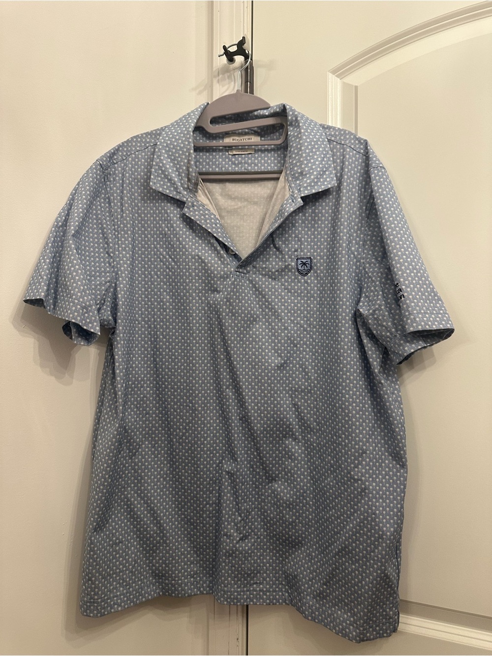 BUGATCHI Palm Tree Golf Embroidered Polo - Light Blue with White Palm Print.